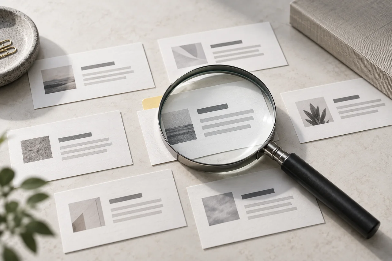 Conceptual content index and magnifying glass representing SEO