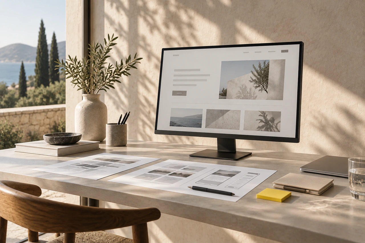 Χώρος σχεδιασμού με wireframes και εργαλεία για τον σχεδιασμό ιστοσελίδας